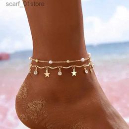 Anklets Boho Anklet Foot Chain Summer Bracelet Tassel Star Crystal Pendant Charm Anklet Sandals Barefoot Beach Foot Bridal Jewellery J022L231219