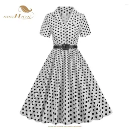 Party Dresses Herburn Style Women Summer Blue Polka Dot With Belt Long Dress Femme 50s Vintage V Neck Elegant Jupe VD3887