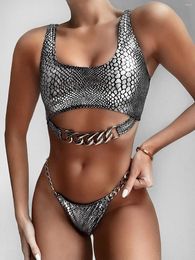 Women's Swimwear Bikini 2023 Sexy Bronzing Snakeskin Metal Chain Swimsuit Women Bikinis Set Bathing Suit Beach Female Push Up