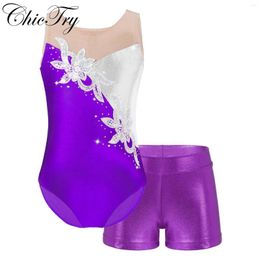 Stage Wear Kids Girls Ballet Dance Sets Sports Gymnastics Outfits Mesh Patchwork Glitter Sequins Leotard With Shorts For Performance