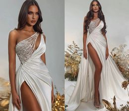 Exquisite White Evening Dress 2024 Sexy One Shoulder Beading Silt Satin Pleat Women Prom Formal Gowns Vestidos De Feast Robe De Soiree