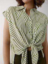 Women's Blouses Silk Ladies Turn-Down Collar Single-Breasted Short-Sleeved Blouse 2023 Women Irregular Striped Hem Lace-Up Shirt Summer