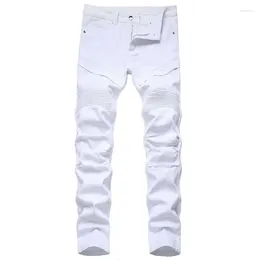 Men's Jeans Men White Skinny Big Size 28-42 European American Slim Fit Fold Trend Motorcycle Biker Denim Pants (No Belt)