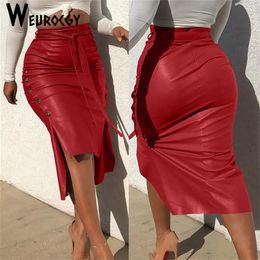 Skirts Fashion Women Solid Colour High Waist PU Leather Midi Skirt Lace up Side Button Slim Skinny Pencil for Ladies Streetwear 231219