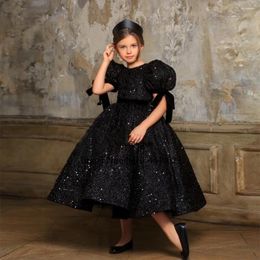 Girl Dresses Puffy Ball Gown Black Baby Dress With Bow Tea Length Kid Birthday Christmas Gift Pageant Gowns