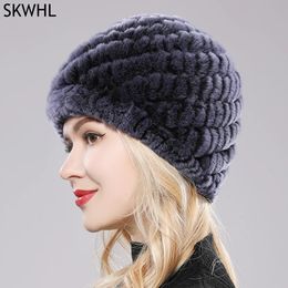 Wide Brim Hats Bucket 2023 Outdoor Winter Good Elastic Real Fur Hat Women Knitted Natural Rex Rabbit Skullies Cap Warm Soft Beanies 231218