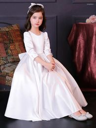 Girl Dresses Satin Elegant Party Dress Long Flower For Wedding Concert Princess Bow Birthday Junior Bridesmaid Gown