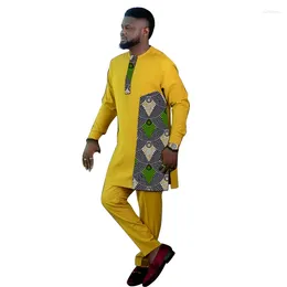 Men's Tracksuits Yellow Streetwear Sets Patchwork Shirt O-Neck Tops Elastic Waist Pants Male Nigerian Outfits