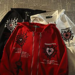 Womens Hoodies Sweatshirts Spider Embroidery Pattern Zipper Sweatshirt Autumn Jacket Women Street Trend HipHop Rap Clothing Couple Loose Hooded 231218