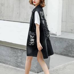 Vests Autumn Hole Korean Women Denim Vest Coats oversize Embroidery Sequins Long Vest Jacket Female 2022 Korean Loose Lady Black Coat