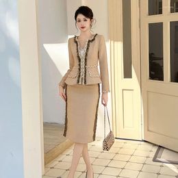 Skirts 2023 Winter Clothes Professional Women's Temperament Little Fragrance Waist Jacket Top Hip Wrap Skirt Two-Piece Set 20951