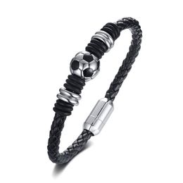 Soccer Bracelet Sports Jewellery Gift for Soccer Lover Football Charm Braided Leather Bracelet with Stainless Steel Magnet Clasp2053