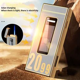 New Creativity Of The Metal Jet Flame No Gas Windproof Turbine Torch Cigar Lighter Solar Charging Personalized Men's Gift