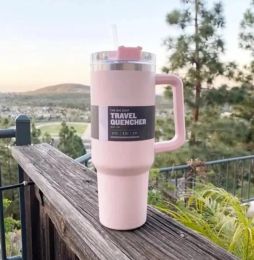 US STOCK Pink 40oz stainless steel tumbler with handle lid straw big capacity mug water bottle camping cup vacuum insulated drinking 1219