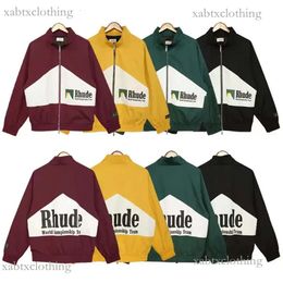 Men's Plus Size Outerwear RHUDE American Niche Brand Vintage Patchwork Pill Zipper Print Jacket Lovers Instagram Washed Do Old Round Neck