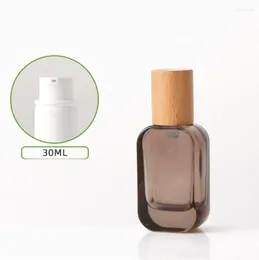 Storage Bottles 30ml Brown Glass Bottle Wooden Lid Serum/lotion/emulsion/foundation/essence Toilet Toner Water Skin Care Cosmetic Packing