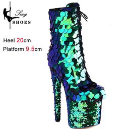 Pole Platform Women's Winter 710 Dance 20cm/8inchs High Heels Side Zip Sequined Cloth Ankle Boots Stripper Shoes Big Size 231219 84061 13821 73878