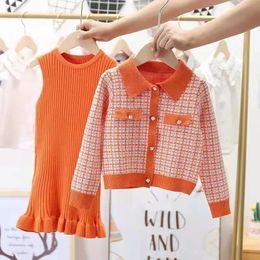 Clothing Sets Young Children s Set For Girls Autnmn Winter Cotton Lattice Jacket Knitted Slim Dress 2pcs Kids Teen Clothes 4 To12 231218