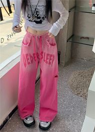 Women's Jeans Letter Printed Pink Perforated Summer American Street Style Young Girl High Waist Straight Tube Denim Pants