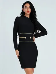 Casual Dresses Women Elegant Luxury Sexy O-Neck Long Sleeve Button Gold Thread Bandage Mini Dress Birthday Evening Cocktail Party Club