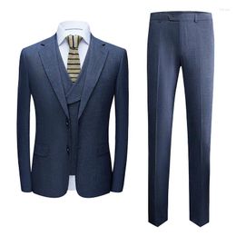 Men's Suits (Jacket Vest Pants) 2023 3-Piece Groom Blue Plaid Wedding Dress Slim Fit Banquet Ball Social Tuxedo Formal Suit