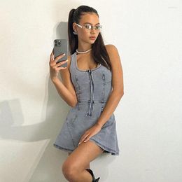 Two Piece Dress Women's Solid Color Denim U-neck SleeveleSS Zipper Split Splicing Feature TighT And Sexy A-line Short Skirt