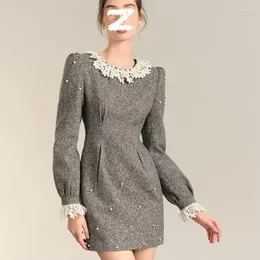 Casual Dresses 2023 Autumn/winter Lace O-Neck Beaded A-Line Dress Long Sleeve Elegant Women Grey Wool Mini Brand Fashion Korean