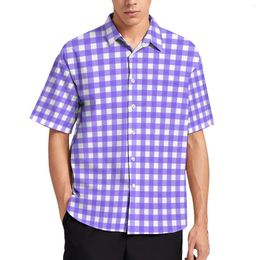 Men's Casual Shirts Blue White Gingham Loose Shirt Men Beach Checkerboard Hawaiian Graphic Short Sleeve Street Style Oversize Blouses