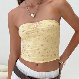 Women's Tanks Gaono Fairycore Kawaii Backless Crop Tops Women Vest Y2K Cottage Floral Printed Tube 2000s Retro Strapless Bandeau Camisole