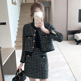 Two Piece Dress Fall Winter Small Fragrance Tweed Womens Clothes Houndstooth Jacket Suit Coat Outwear High Waist Skirts Ladies Pieces Set 231218