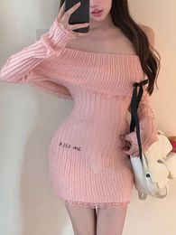 Basic Casual Dresses Pink Sexy Kawaii Sweater Dres Off Shoulder Sweet Y2K Slim Mini Female Korean Style Knitted Cute 2024 231219