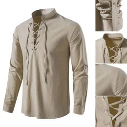 Men's Casual Shirts Retro Shirt Lace-up V-neck Long Sleeve Skin-touching Stand Collar Solid Color Top Male Clothing