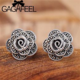 GAGAFEEL S925 Sterling Silver Rose Stud Earring Marcasite Flower Shape Earrings Thai Silver Vintage Jewelry for Women Fine Gifts233v