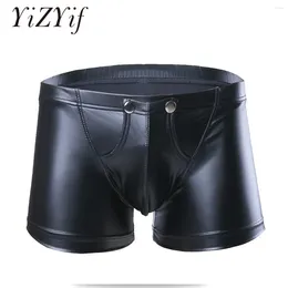 Underpants Sexy Men's Low Waisted Faux Leather Boxer Shorts Press Button With Bulge Pouch Men Lingerie Slim Cut Underwear