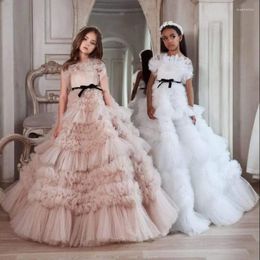 Girl Dresses Champagne Flower For Weddings Ball Gown Strapless Tulle Ruffles Long Girls Pageant Little Kids Baby