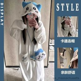 Pyjamas Chiika Coral Fleece Hooded Nightgown Autumn Winter Cartoon Thicken Pyjamas Cute Loose Women Robe And Pants Home Clothes Set