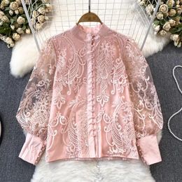 Women's Blouses Women Stand-up Collar Buttons Simple Lace Shirt Elegant 2023 Lantern Long Sleeve Vintage Blouse Loose See Through Top 29918