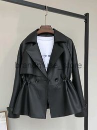 Women's Jackets Nerazzurri Spring Black Short Soft Faux Leather Trench Coat for Women Raglan Sleeve Drawstring Lapel Double Breasted Fashion J231219