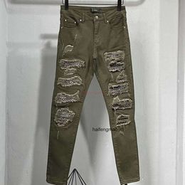 Patch amirlies am amis imiri amiiri Designer Clothing Jeans Denim Pants 851 es High Street Fashion Army Green Broken Hole amari amirl Elastic Slim Fit Worn Out Sm FO3D