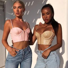 Women's Tanks Summer PU Leather Front Zipper Strap Fashion Stereo Chest Sexy Tube Crop Tops Ladies Vest Streetwear Khaki Pink Short Corset