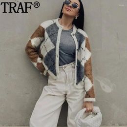 Women's Knits Cropped Knitted Cardigan For Women Argyle Autumn Winter Woman Long Sleeve Soft Sweaters Print Button Knit