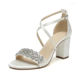 Dress Shoes High Block Heel Wedding For Bride Rhinestones Open Toe Cross Strap Evening Formal Party Chunky Heels Women Heeled Sandals