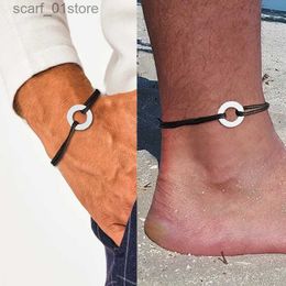 Anklets CIRCLE CHARM ROPE ANKLETS FOR MEN BLACK ROPE WITH SILVER Colour CIRCLE ADJUSTABLE BRACELET UNISEX JEWELRYL231219