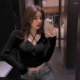 Women's Sweaters V-neck Sleeved Tight Jersey Shirts Pullover Halter Sweater Mujer Black Knitwear Y2k Grunge Slim Sueter Pull T-shirts
