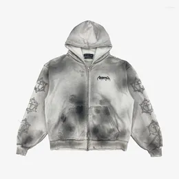 Мужские толстовины высочайшего качества Grailz Inkjet Perforated Zip Hoodie Cardigan Mens Womens 1: 1 Винтажный разбитый пуловер