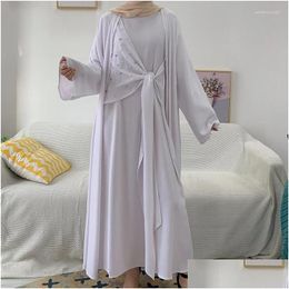 Ethnic Clothing 2 Piece Open Abaya Muslim Women Beads Kimono Maxi Dress Set Dubai Kaftan Turkey Arab Robe Islam Ramadan Jalabiya Drop Dh3Ws