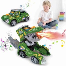 Electric/RC Car Dinosaur Toys For Kids Moving Dino Transforming Car Dinosaur Toys with Light Music Mist Spray Toddlers Christmas Birthday GiftsL231216