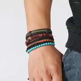 Charm Bracelets Leather Bracelet Men Turquoise Beaded Multilayer Combination Hand Woven Vintage Ethnic Style Rope