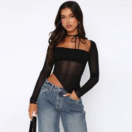 Women's T Shirts Off Waist T-shirt Export Mesh Stitching Long Sleeves Top Autumn Internet Celebrity Same Style See-through Waist-Exposure