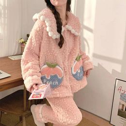 Women's Sleepwear Peach Women Pyjamas Set For Fleece Korean Cute Suit Winter Piiama 2 Pieces Ruffles Sleeping Pyjamas Night Wears